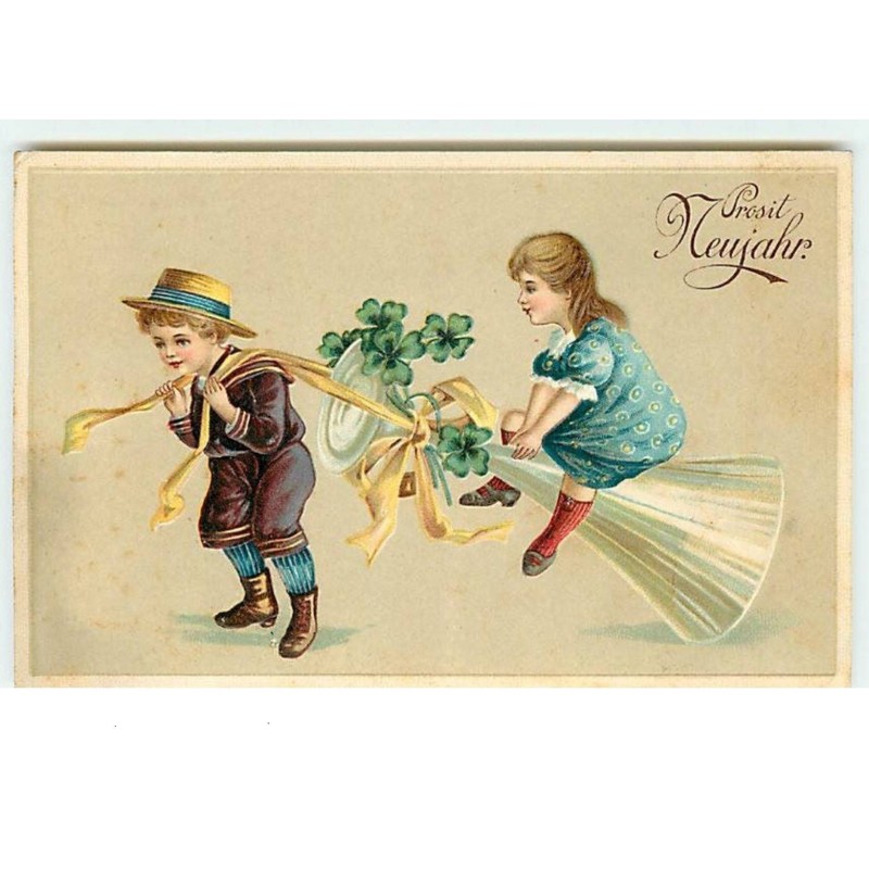 n°11942 - Carte Gaufrée - Prosit Neujahr - Fillette à califourchon sur une flûte de champagne