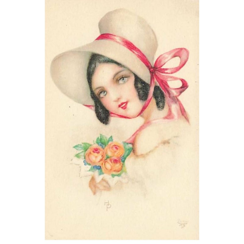n°25356 - Illustrateur - H. Petersen - Portrait d'une jeune femme avec un chapeau tenu par un ruban rouge, et un bouquet
