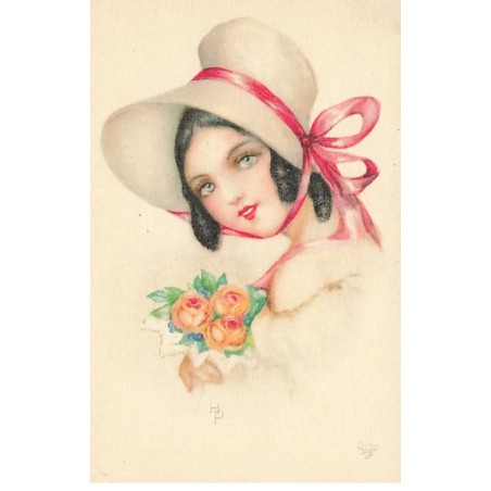 n°25356 - Illustrateur - H. Petersen - Portrait d'une jeune femme avec un chapeau tenu par un ruban rouge, et un bouquet