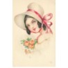 n°25356 - Illustrateur - H. Petersen - Portrait d'une jeune femme avec un chapeau tenu par un ruban rouge, et un bouquet
