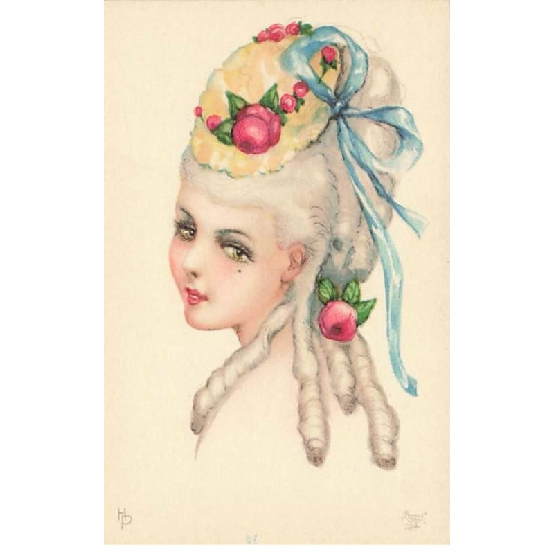 n°25357 - Illustrateur - H.Petersen - Portrait d'une jeune femme avec un chapeau tenu par un ruban bleu