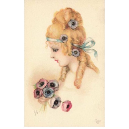 n°25358 - Illustrateur - H. Petersen - Portrait d'une jeune femme avec des anémones dans les cheveux et en bouquet