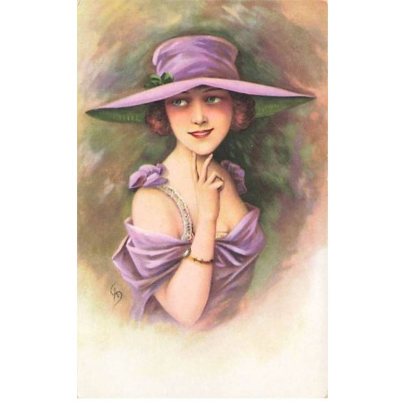 n°25360 - Fantaisie - Jeune femme portant une robe et un chapeau mauve