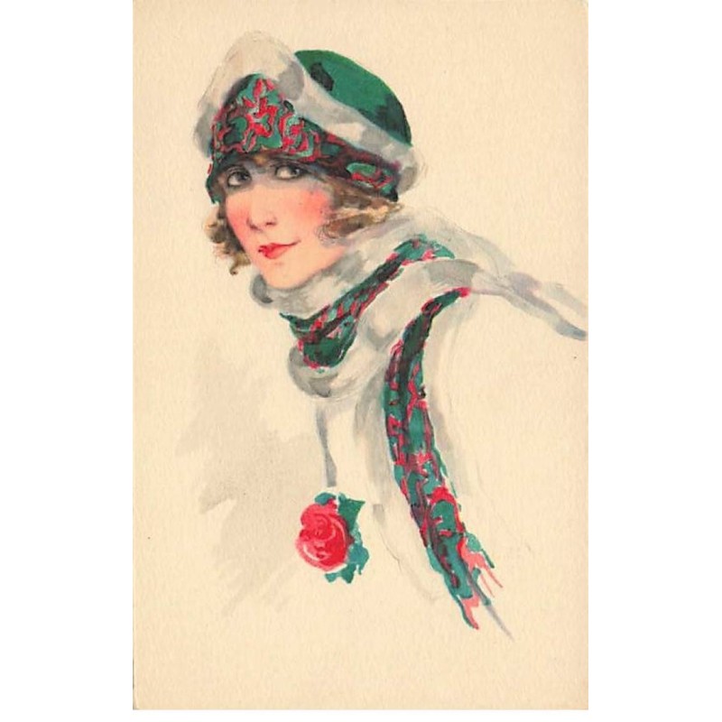 n°25361 - Fantaisie - Jeune femme portant un chapeau et une étolle verte et rouge