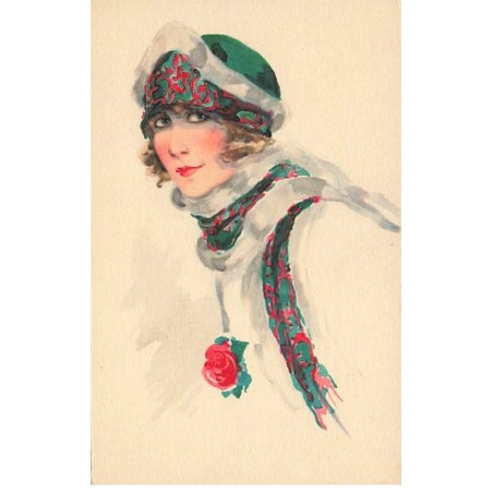 n°25361 - Fantaisie - Jeune femme portant un chapeau et une étolle verte et rouge
