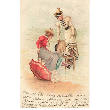 n°25364 - Fantaisie - Jeunes femmes sur des chaises au bord de la mer