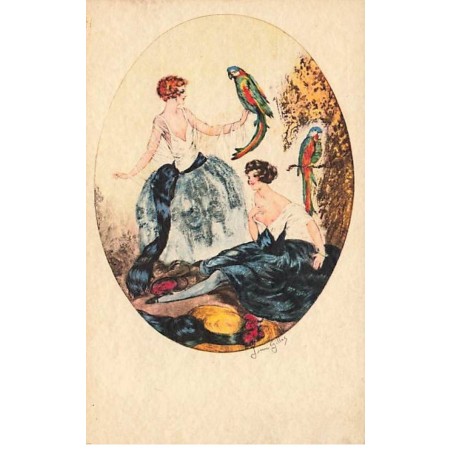n°25365 - Illustrateur - Jeunes femmes avec des perroquets - Jean Gilles