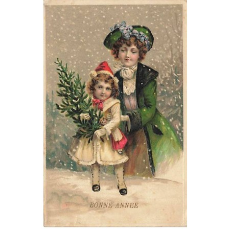 n°25368 - Carte Gaufrée - Bonne Année - Une femme et une petite fille sous la neige