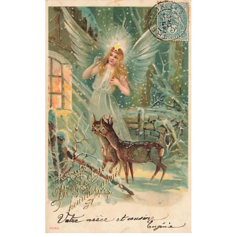 n°25371 - Carte Gaufrée - Bonne et Heureuse Année - Un ange gardien et des biches à une fenêtre