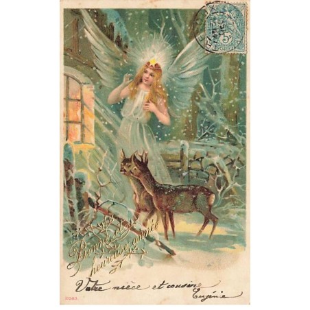 n°25371 - Carte Gaufrée - Bonne et Heureuse Année - Un ange gardien et des biches à une fenêtre