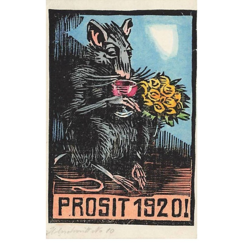 n°25373 - Nouvel An - Prosit 1920 - Rat buvant un verre de vin, tenant un bouquet