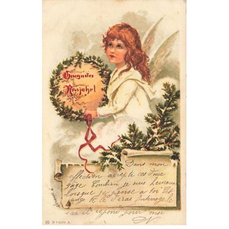 n°25375 - Nouvel An - Gesegnetes Neujahr - Un ange portant une couronne faite en sapin