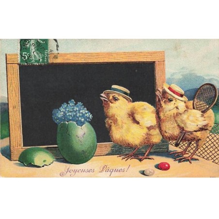 n°25385 - Carte Gaufrée - Joyeuses Pâques - Poussins près d'une ardoise, l'un tenant une raquette de tennis
