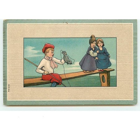 n°11947 - Carte Gaufrée - Jeunes filles regardant un garçon pêchant