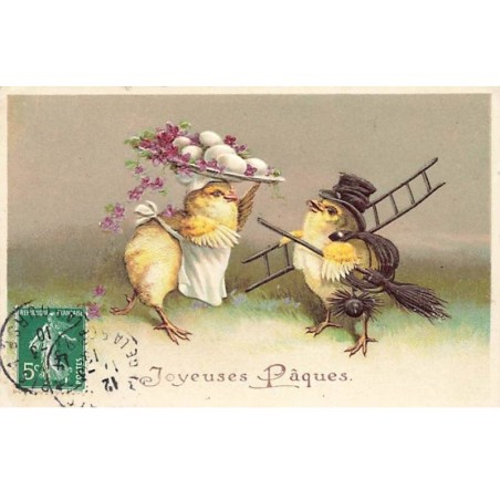 n°25387 - Carte Gaufrée - Joyeuses Pâques - Poussins habillés, l'un en ramoneur, l'autre portant des oeufs