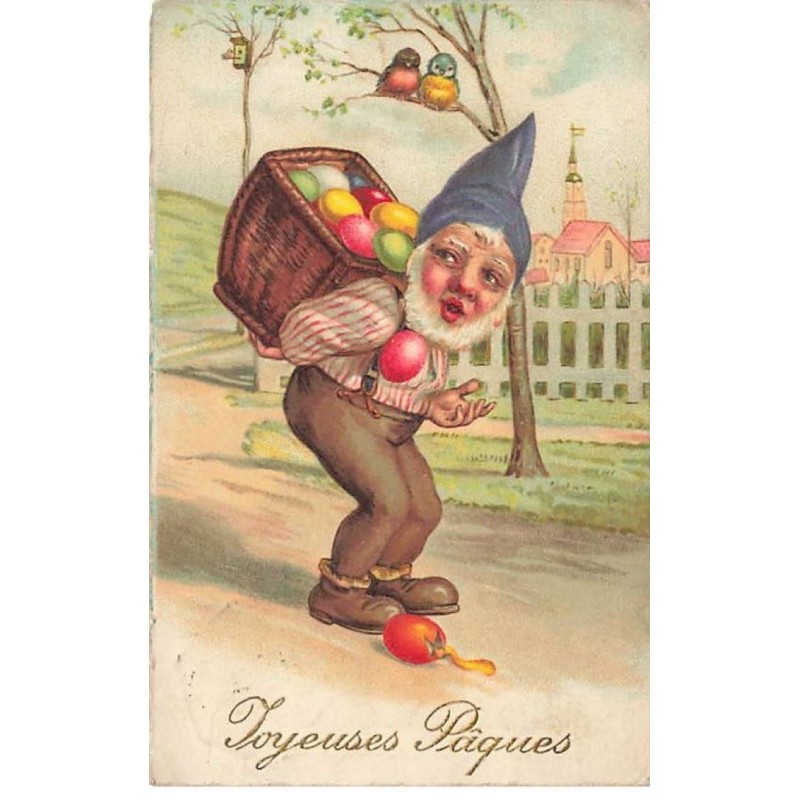 n°25390 - Joyeuses Pâques - Lutin portant des oeufs dans une hotte