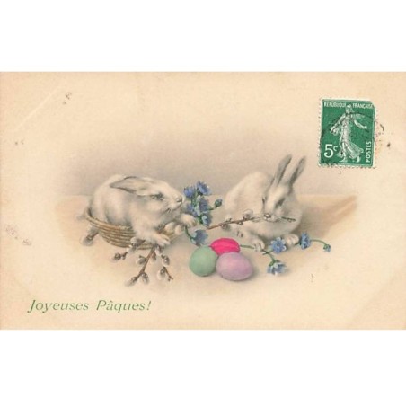n°25392 - MM Vienne n°368 - Joyeuses Pâques - Lapins près d'oeufs, mangeant des fleurs de cotons