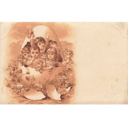 n°25393 - Pâques - Carte Gaufrée - Enfants sortant d'un oeuf