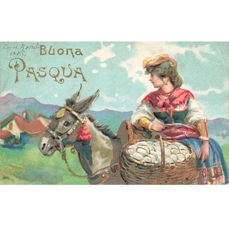 n°25394 - Carte Gaufrée - Buona Pasqua - Femme portant un panier rempli d'oeufs, sur le dos d'un âne