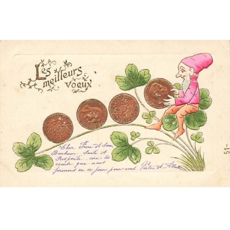 n°25395 - Carte Gaufrée - Les Meilleurs Voeux - Lutin jouant avec des pièces de Monnaie