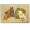 n°11948 - Chiens regardant un poussin - Teckel, caniche