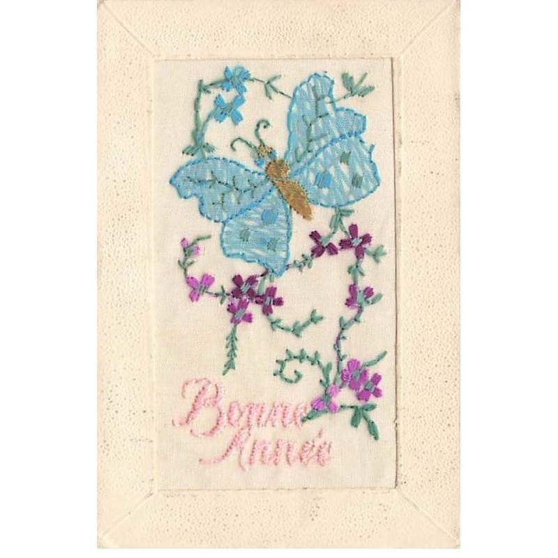 n°25401 - Carte Brodée - Fantaisie - Bonne Année - Papillon et liseron