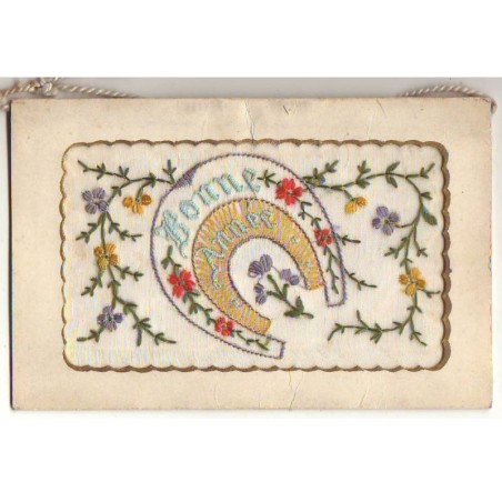 n°25404 - Carte Brodée - Fantaisie - Bonne Année - Fer à cheval et fleurs
