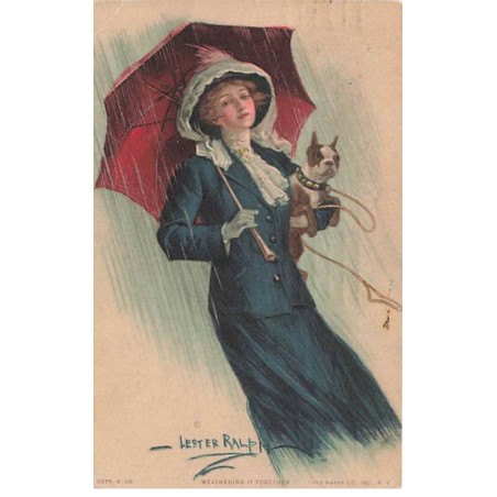 n°25408 - Illustrateur - Lester Ralph - Weathering it Together - Femme portant un bouledogue français