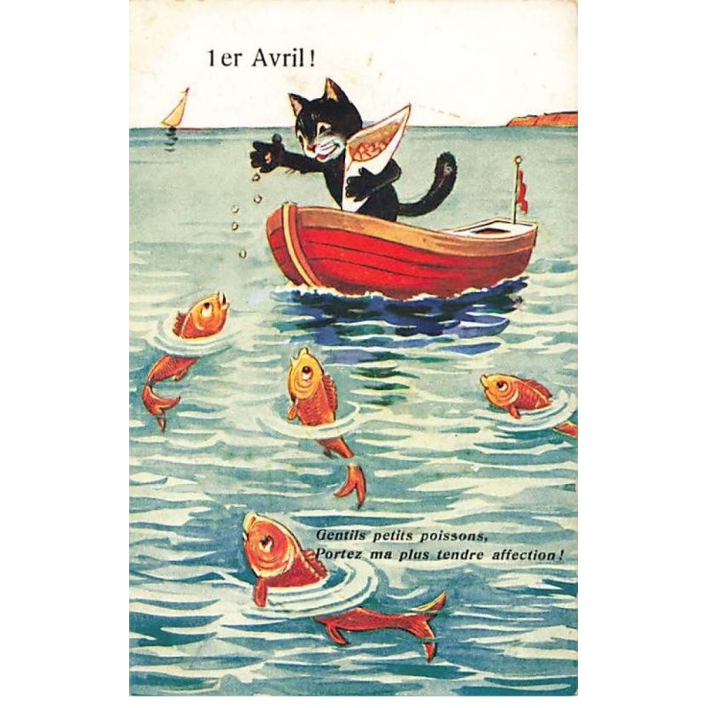 n°25411 - 1er Avril - Gentils petits poissons, portez ma plus tendre affection - Chat nourrissant des poissons