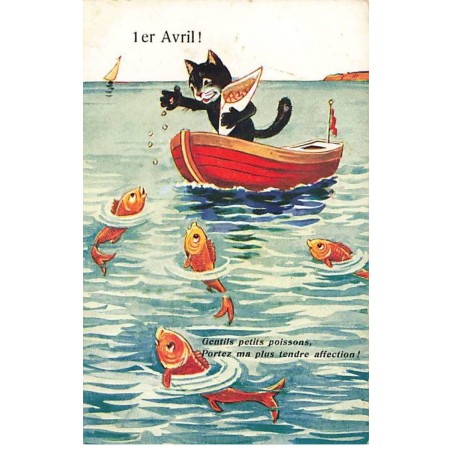 n°25411 - 1er Avril - Gentils petits poissons, portez ma plus tendre affection - Chat nourrissant des poissons