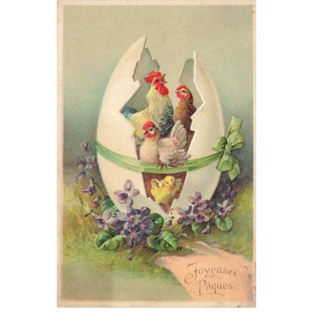 n°25412 - Carte Gaufrée - Joyeuses Pâques - Famille de poule dans un oeuf posé sur des violettes