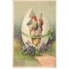 n°25412 - Carte Gaufrée - Joyeuses Pâques - Famille de poule dans un oeuf posé sur des violettes