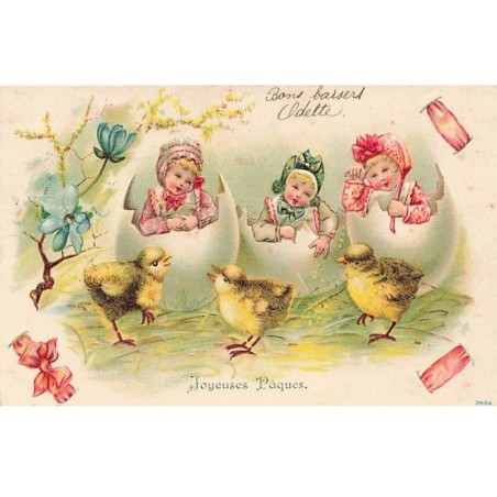 n°25413 - Carte Gaufrée - Joyeuses Pâques - Poussins regardant des fillettes dans des oeufs