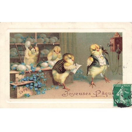 n°25414 - Carte Gaufrée - Joyeuses Pâques - Poussins habillés rangeant des oeufs, un téléphonant