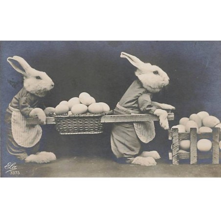 n°25418 - Pâques - Lapins Habillés transportant des oeufs