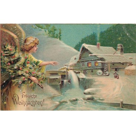 n°25421 - Carte Gaufrée - Fröhliche Weihnachten - Ange gardien et Moulin à Eau