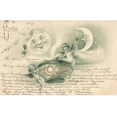 n°25422 - Carte Gaufrée - Bonne Année 1902 - Angelots, Soleil et Lune Humanisés