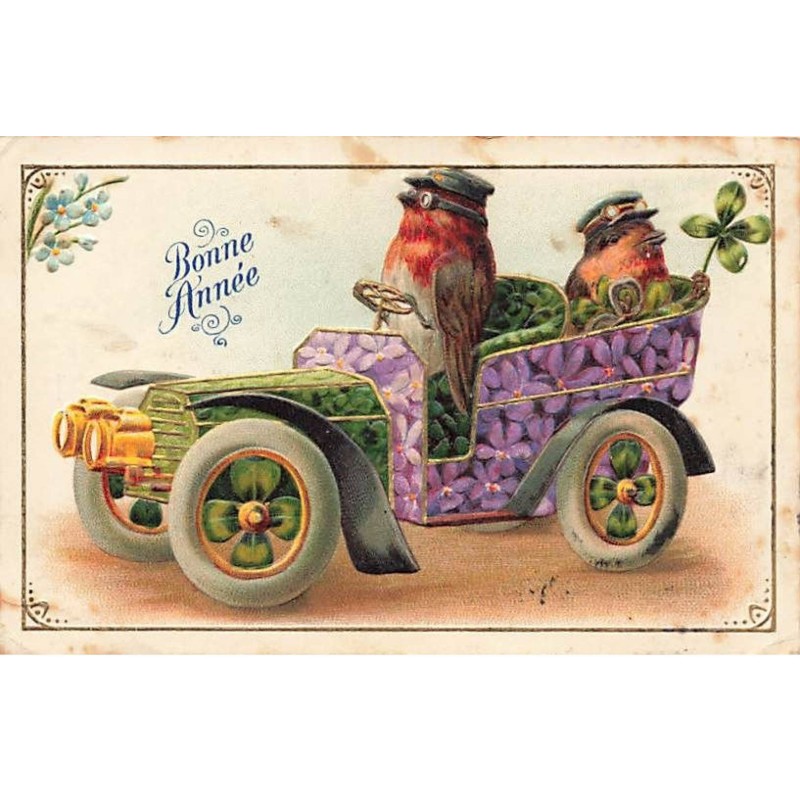 n°25424 - Carte Gaufrée - Bonne Année - Rouges-Gorges humanisés dans une Automobile