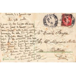 n°25424 - Carte Gaufrée - Bonne Année - Rouges-Gorges humanisés dans une Automobile