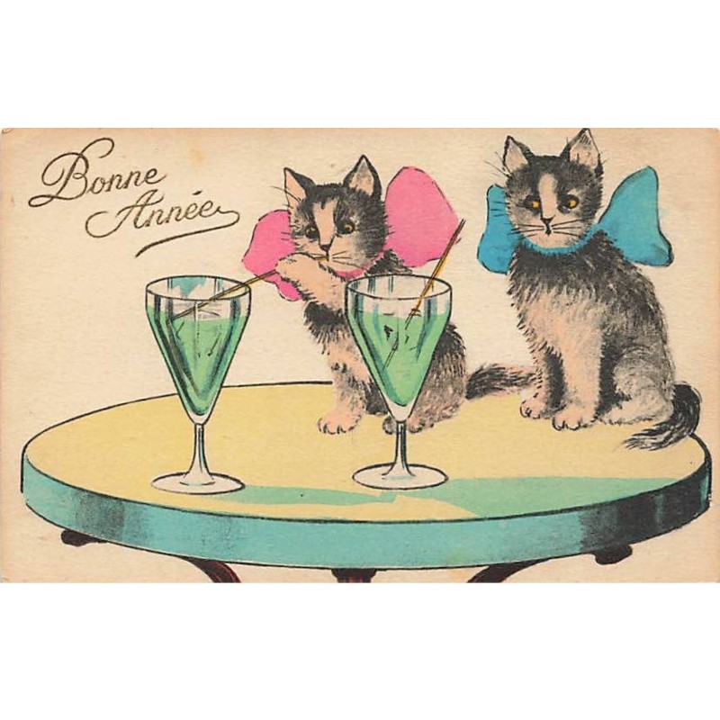 n°25427 - Bonne Année - Chat sirotant une Boisson
