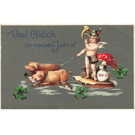 n°25430 - Carte Gaufrée - Viel Clück im neuen Jahre - Attelage de cochons, angelot, champignon