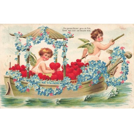 Fantaisie - Carte Gaufrée - Angelots dans une barque fleurie de myosotis