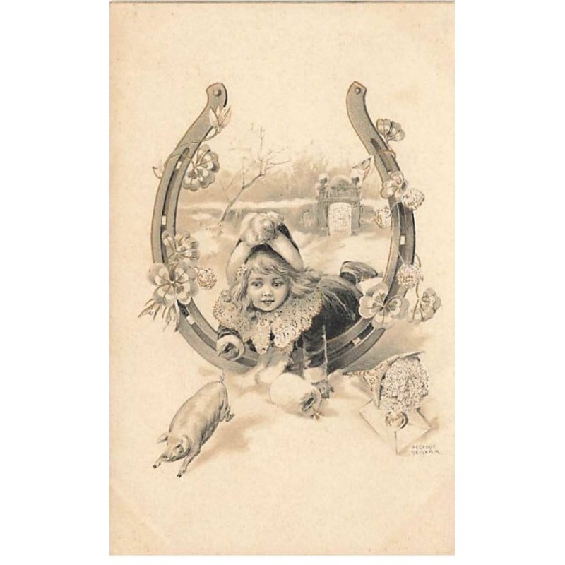 n°25437  - Fantaisie - Hegedus Geiger R. - Fillette voulant attraper un cochon - Fer à Cheval