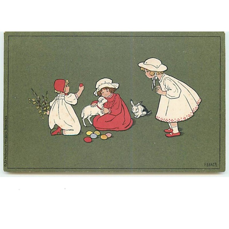 n°11956 - Pauli Ebner - Fillettes câlinant un agneau - édition russe