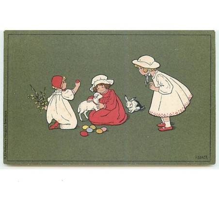 n°11956 - Pauli Ebner - Fillettes câlinant un agneau - édition russe