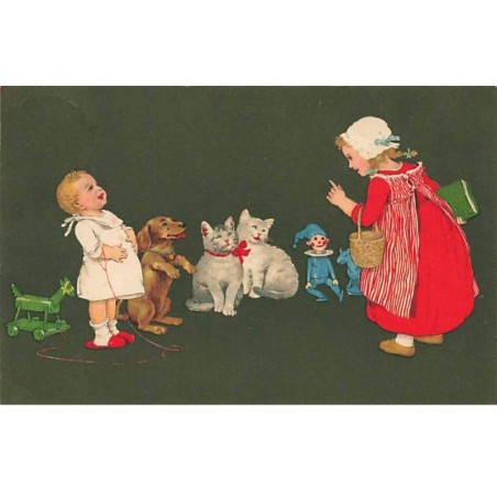 n°25448 - Fantaisie - Meissner - Flatscher - Leçon par une Fillette - Bébé, Teckel, Chat