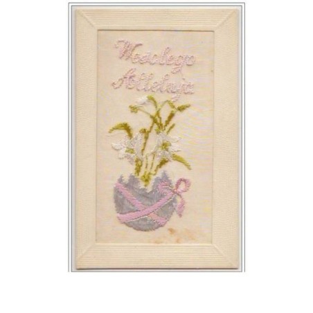 n°2552 - Carte Brodée - Wesolego Aloleluja - Oeuf de Pâques et Fleur