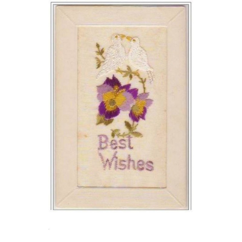 n°2553 - Carte Brodée - Best Wishes - Oiseaux blancs et fleurs