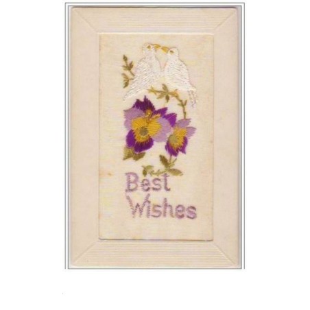 n°2553 - Carte Brodée - Best Wishes - Oiseaux blancs et fleurs