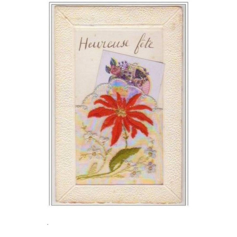 n°2555 - Carte Brodée - Heureuse Fête - Fleur Rouge